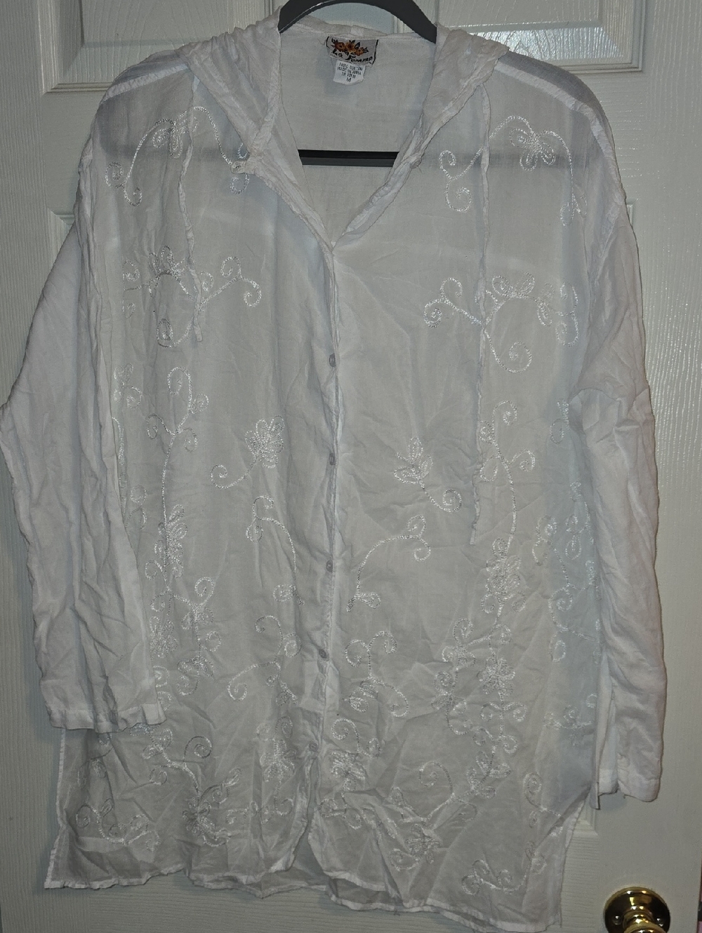 La Femme White Cotton Tee with Yellow & Red Floral Tag
